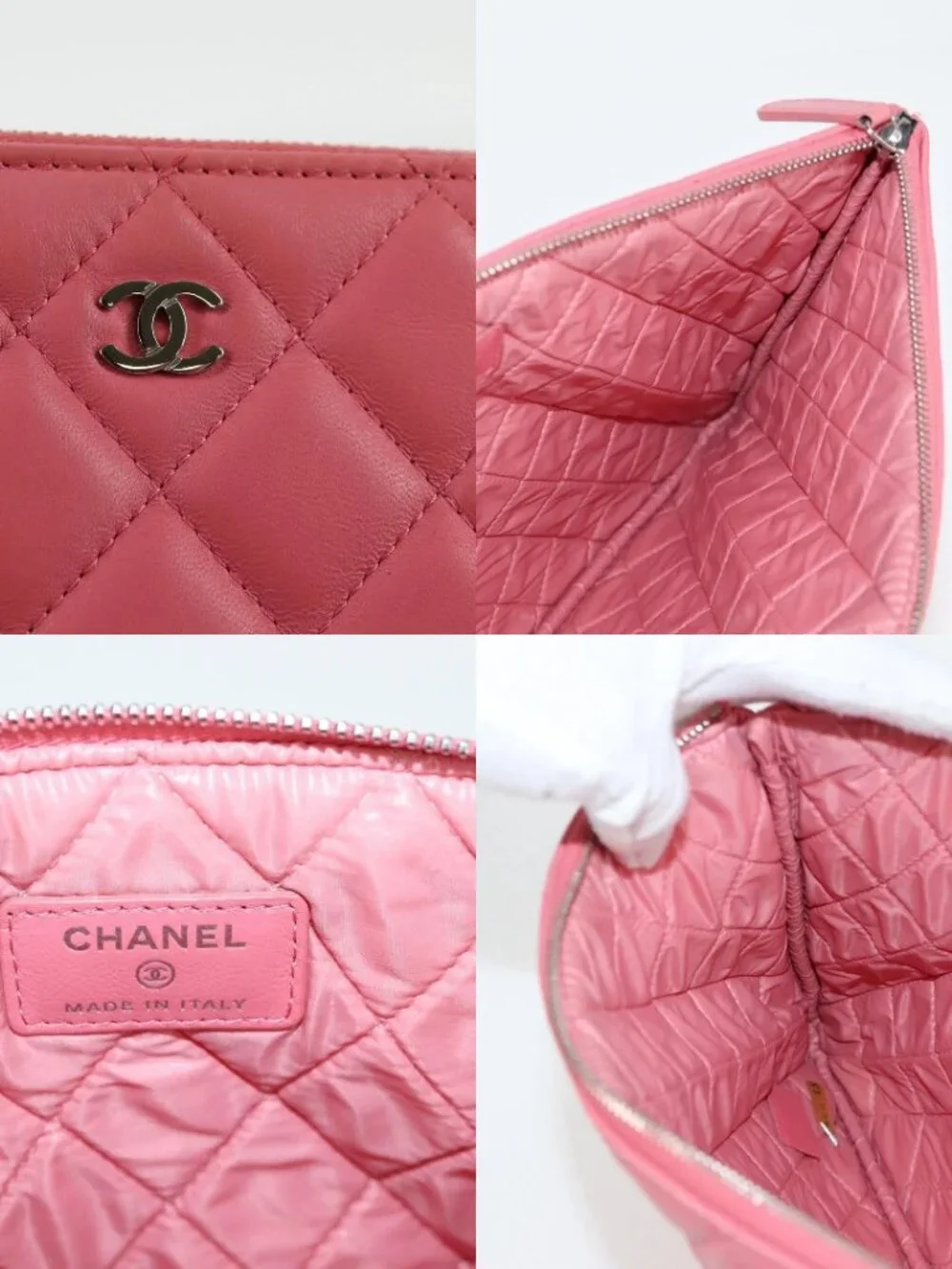 CHANEL Matelasse Clutch Bag Lamb Skin Pink Silver CC Auth 115255V